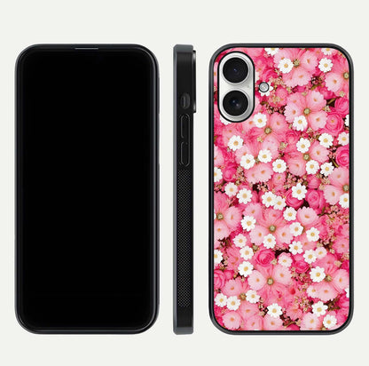 Pink Daisy Bliss Glass Case for iPhone 17 front & back layout showing HD floral tones and edge finish