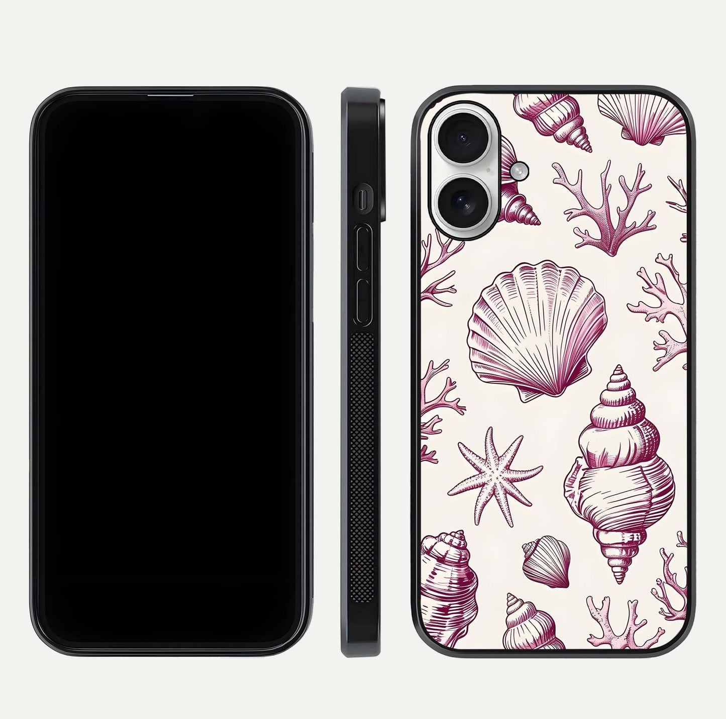 Pink Shells Outline Glass Case for iPhone 17 front & back layout showing soft pastel tones and edge design