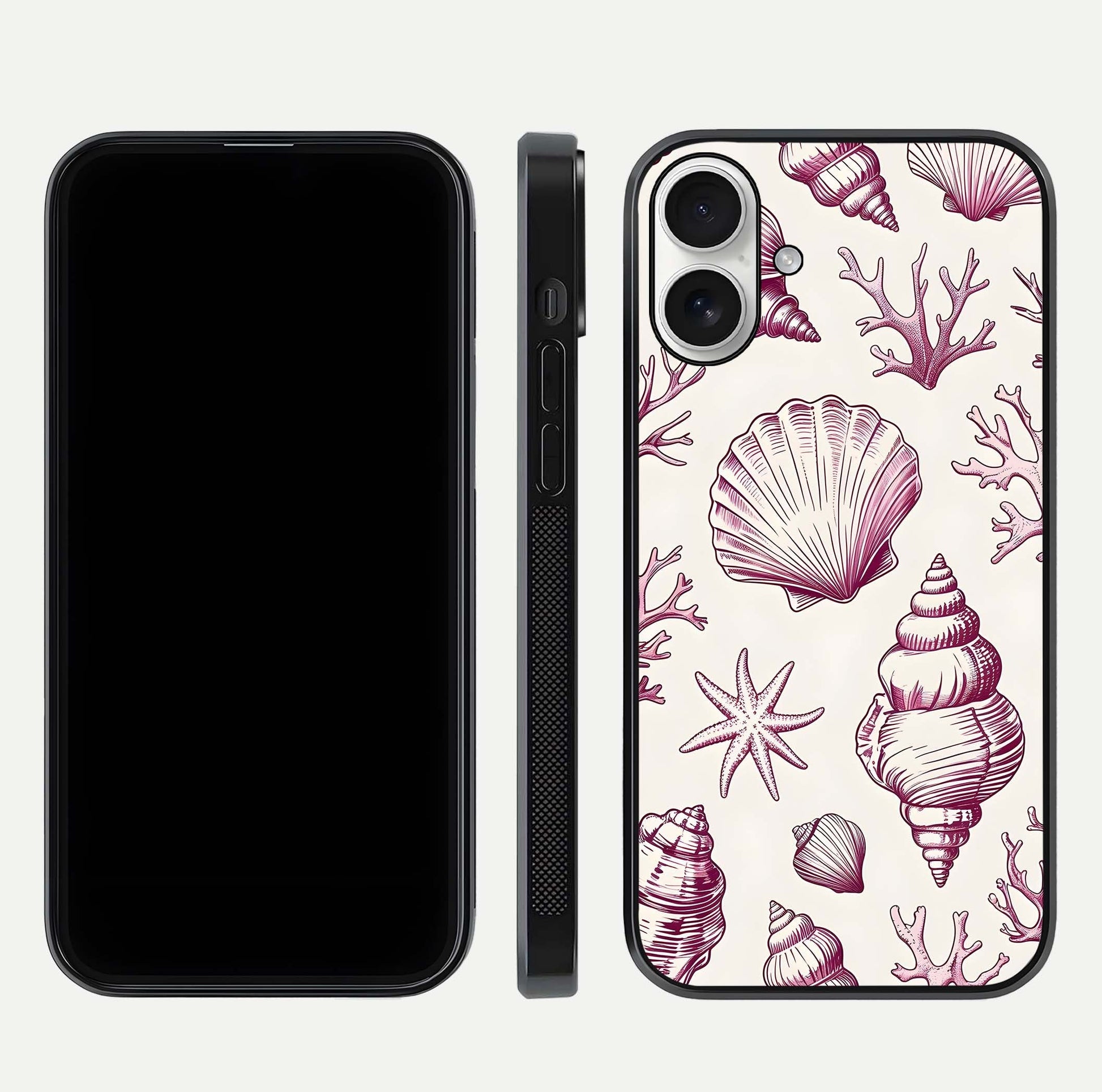 Pink Shells Outline Glass Case for iPhone 17 front & back layout showing soft pastel tones and edge design