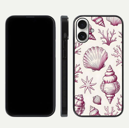 Pink Shells Outline Glass Case for iPhone 17 front & back layout showing soft pastel tones and edge design