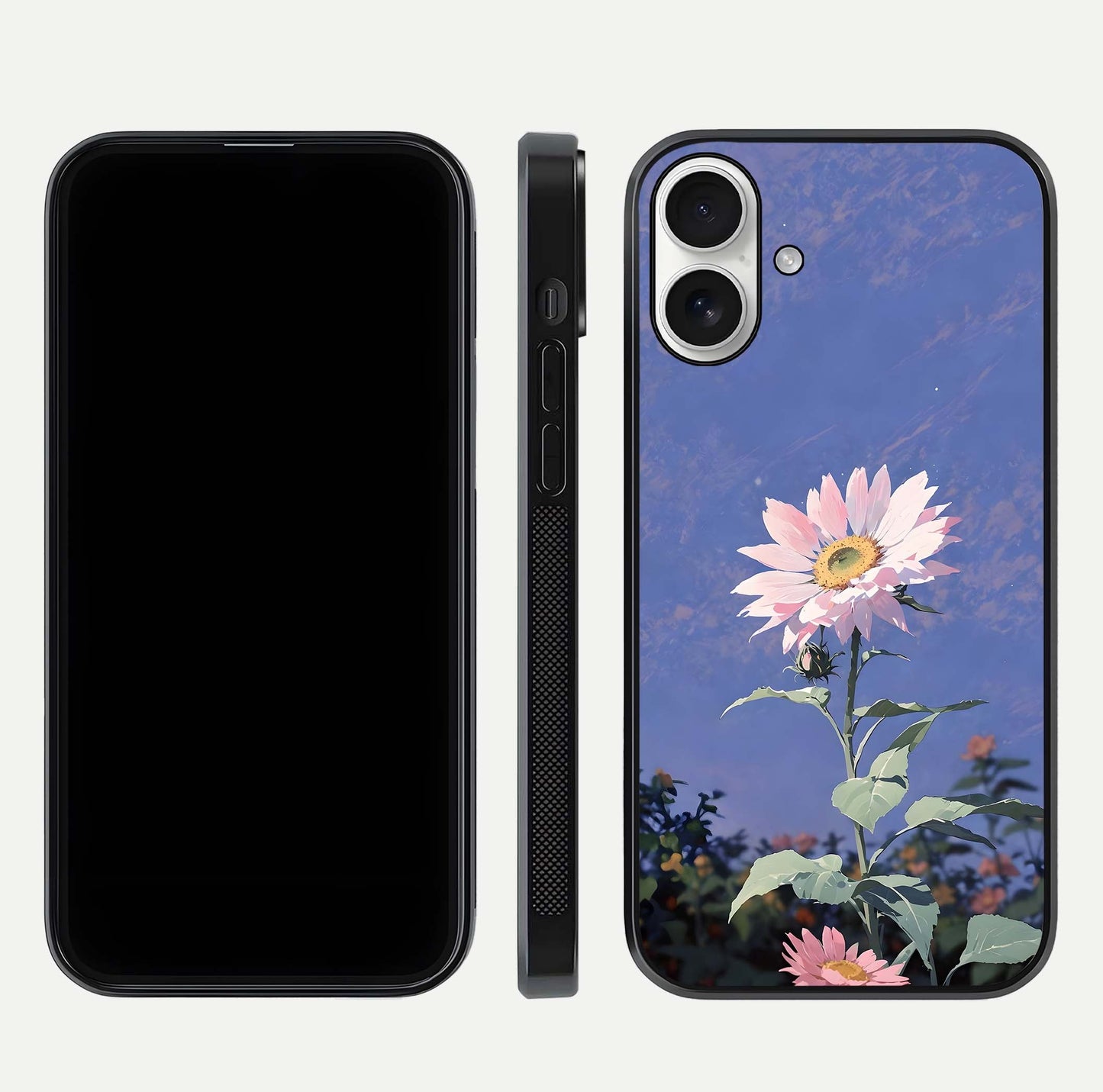 Pink Sunflower Glow Glass Case for iPhone 17 front & back layout showing HD tones and bright finish