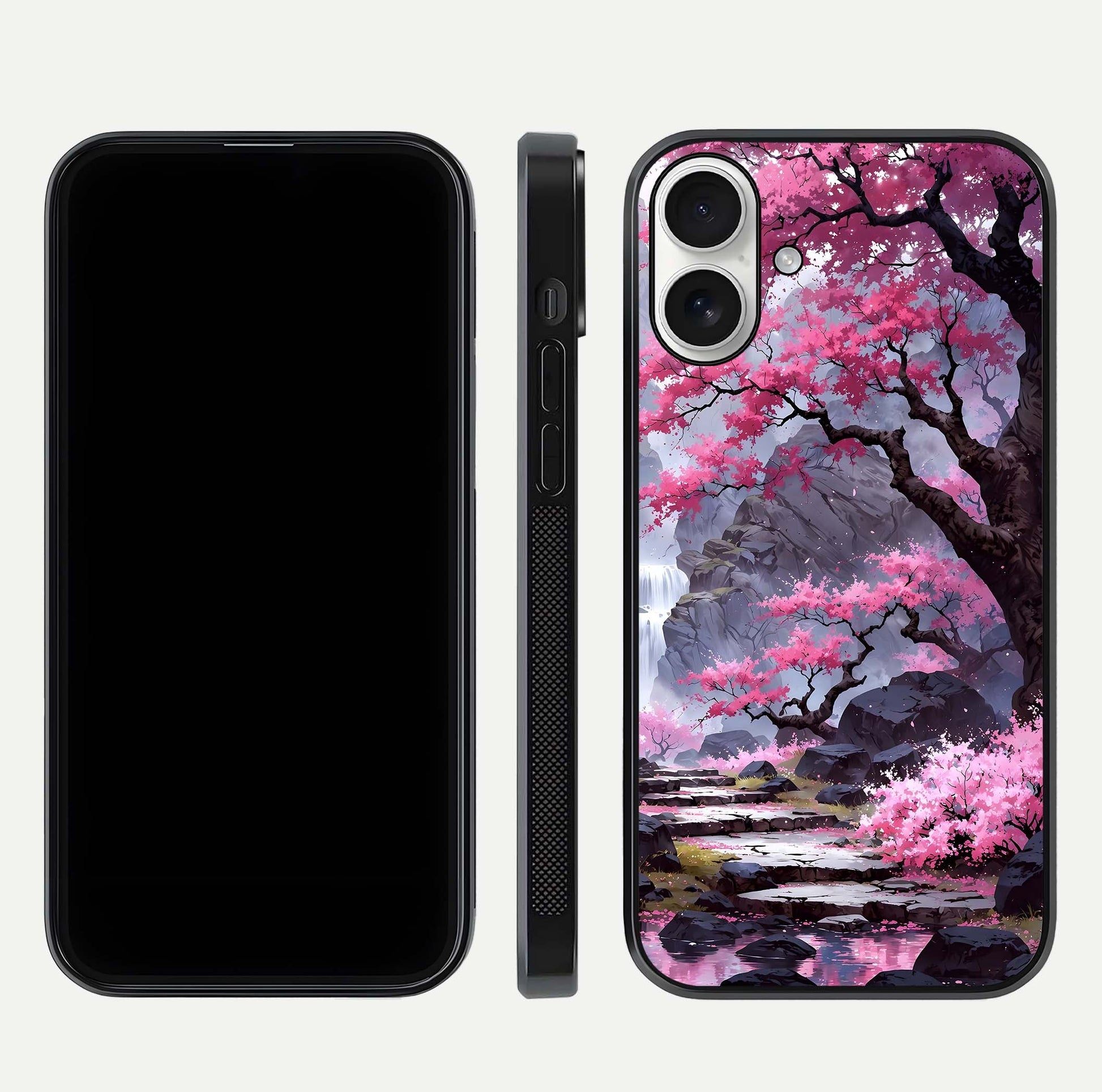 Pinkish Scenery Glass Case for iPhone 17 front & back layout showing landscape art and curved edge finish