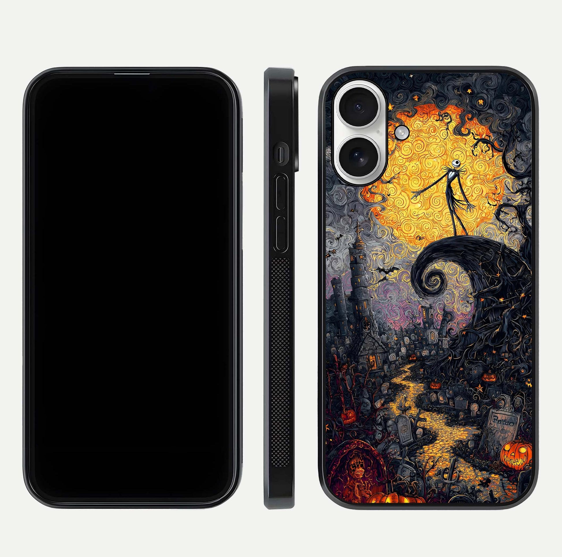 Pumpkin Moon Night Glass Case for iPhone 17 front & back layout highlighting festive tones and smooth edges