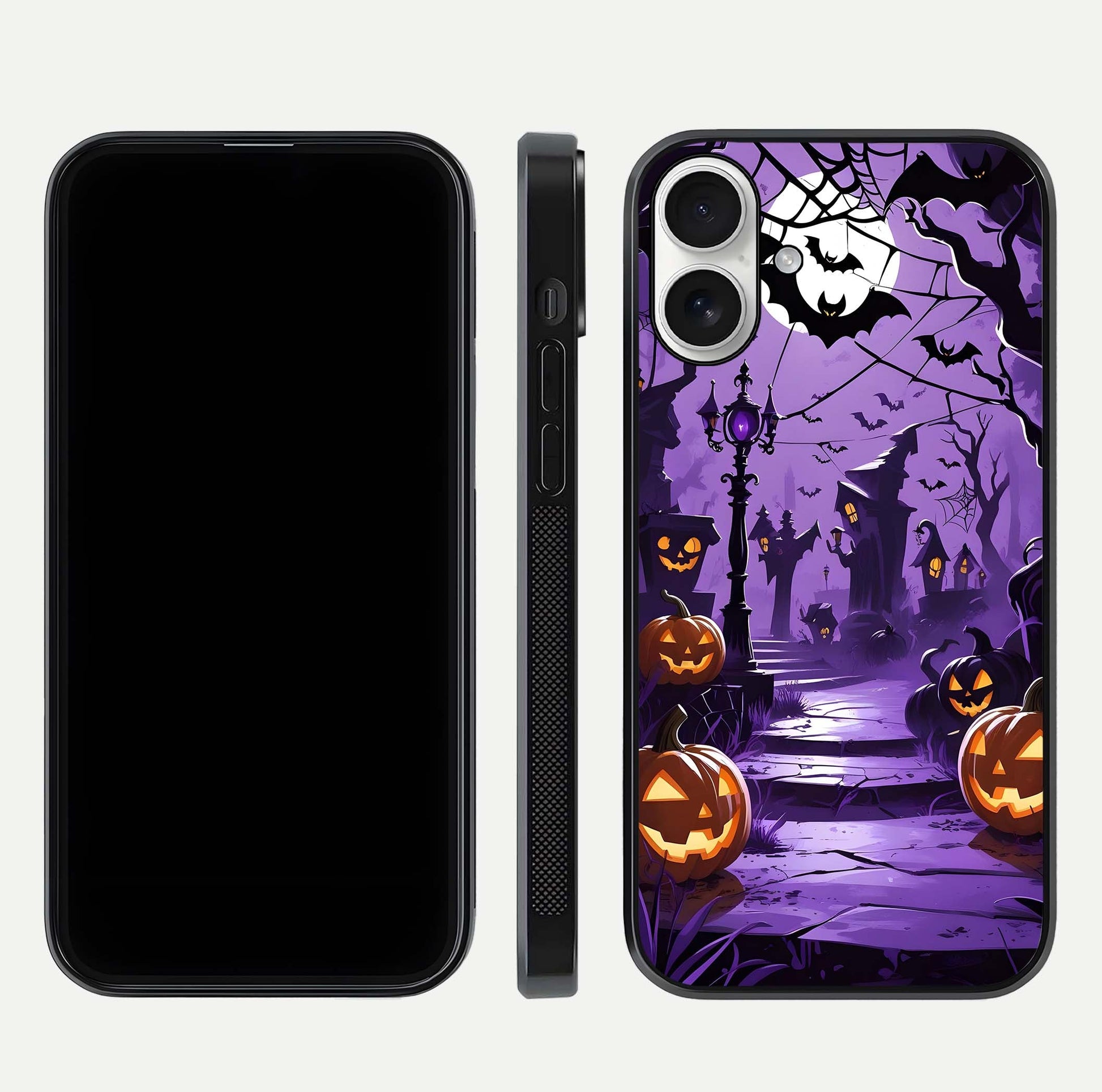 Pumpkin Patch Halloween Glass Case for iPhone 17 front & back layout showing festive Halloween print