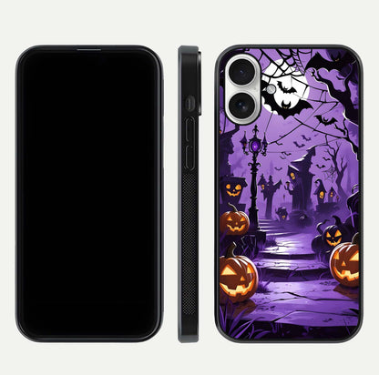 Pumpkin Patch Halloween Glass Case for iPhone 17 front & back layout showing festive Halloween print