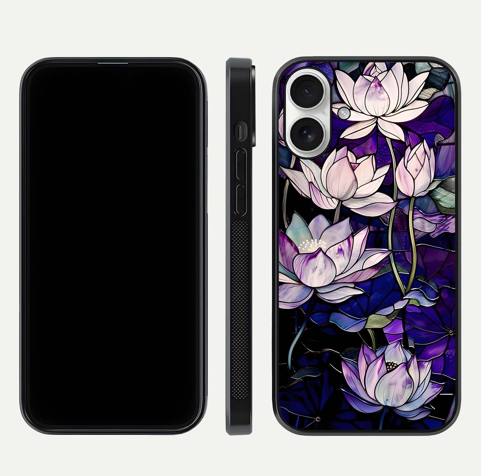 Purple Lotus Pattern Glass Case for iPhone 17 front & back layout highlighting floral tones and soft edges