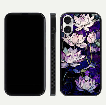 Purple Lotus Pattern Glass Case for iPhone 17 front & back layout highlighting floral tones and soft edges