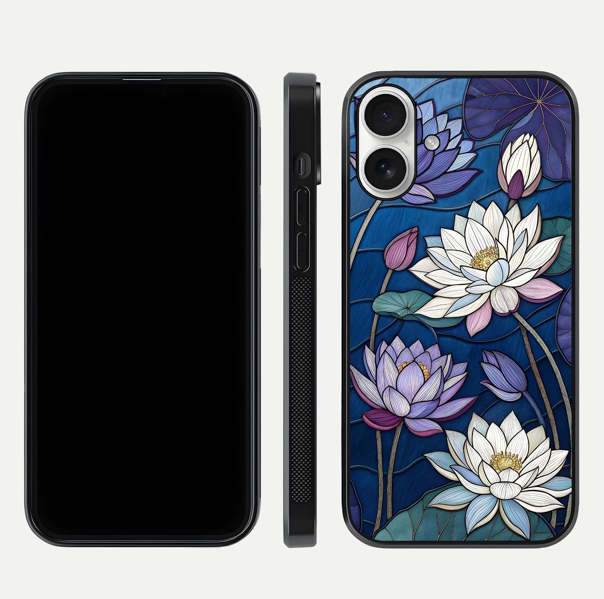 Purple Lotus Stained Glass Case for iPhone 17 front & back layout showing bright tones and smooth edge finish
