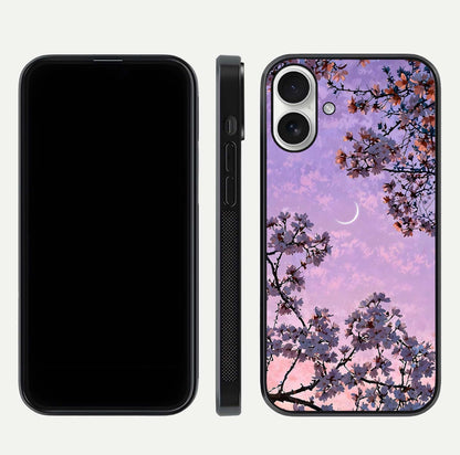 Purple Serenity Moon Glass Case for iPhone 17 front & back layout highlighting celestial tones and curves