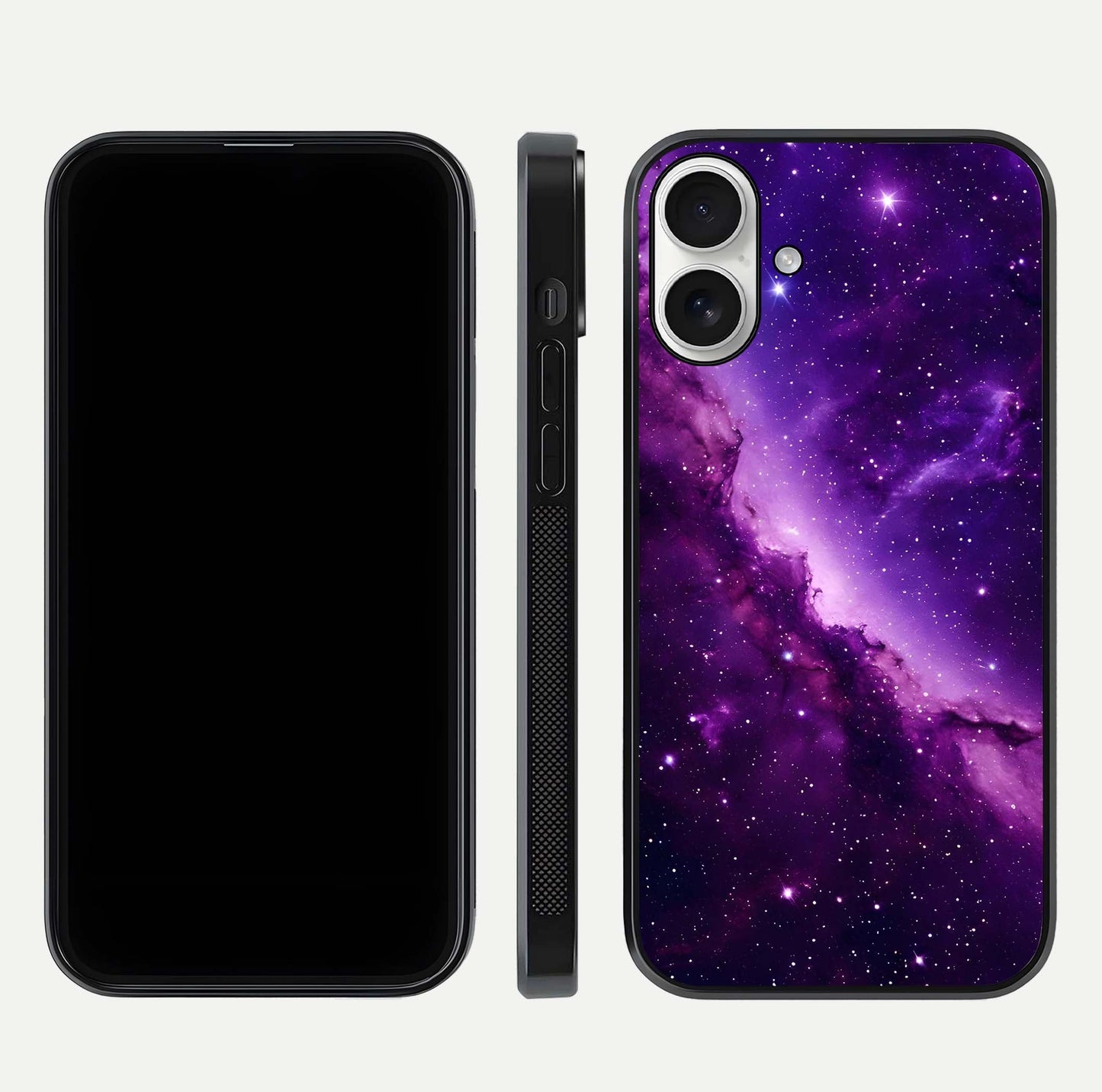 Purple Shade Sky Glass Case for iPhone 17 front & back layout showing HD tones and clean glass edges