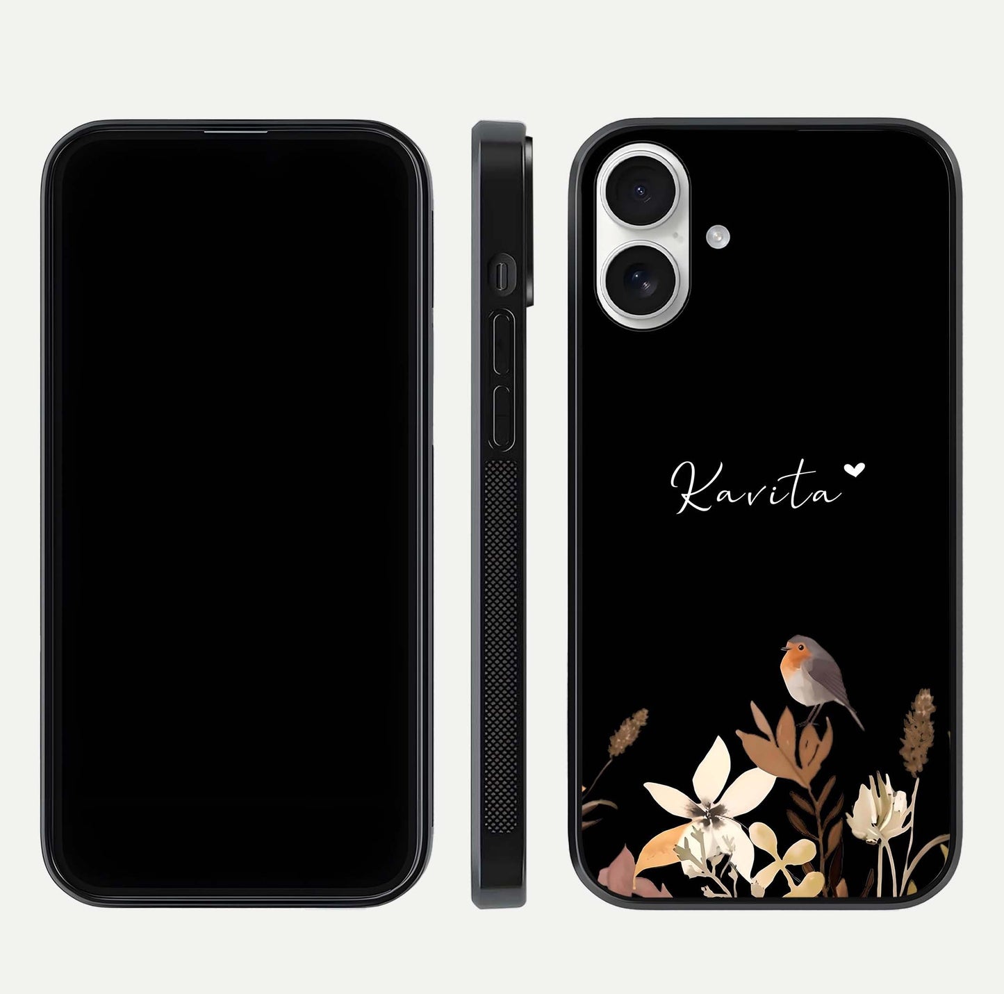 Quiet Garden Tune Custom Name Glass Case for iPhone 17 front & back layout highlighting name area and edges