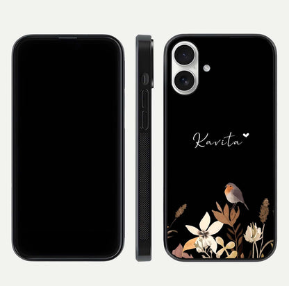 Quiet Garden Tune Custom Name Glass Case for iPhone 17 front & back layout highlighting name area and edges