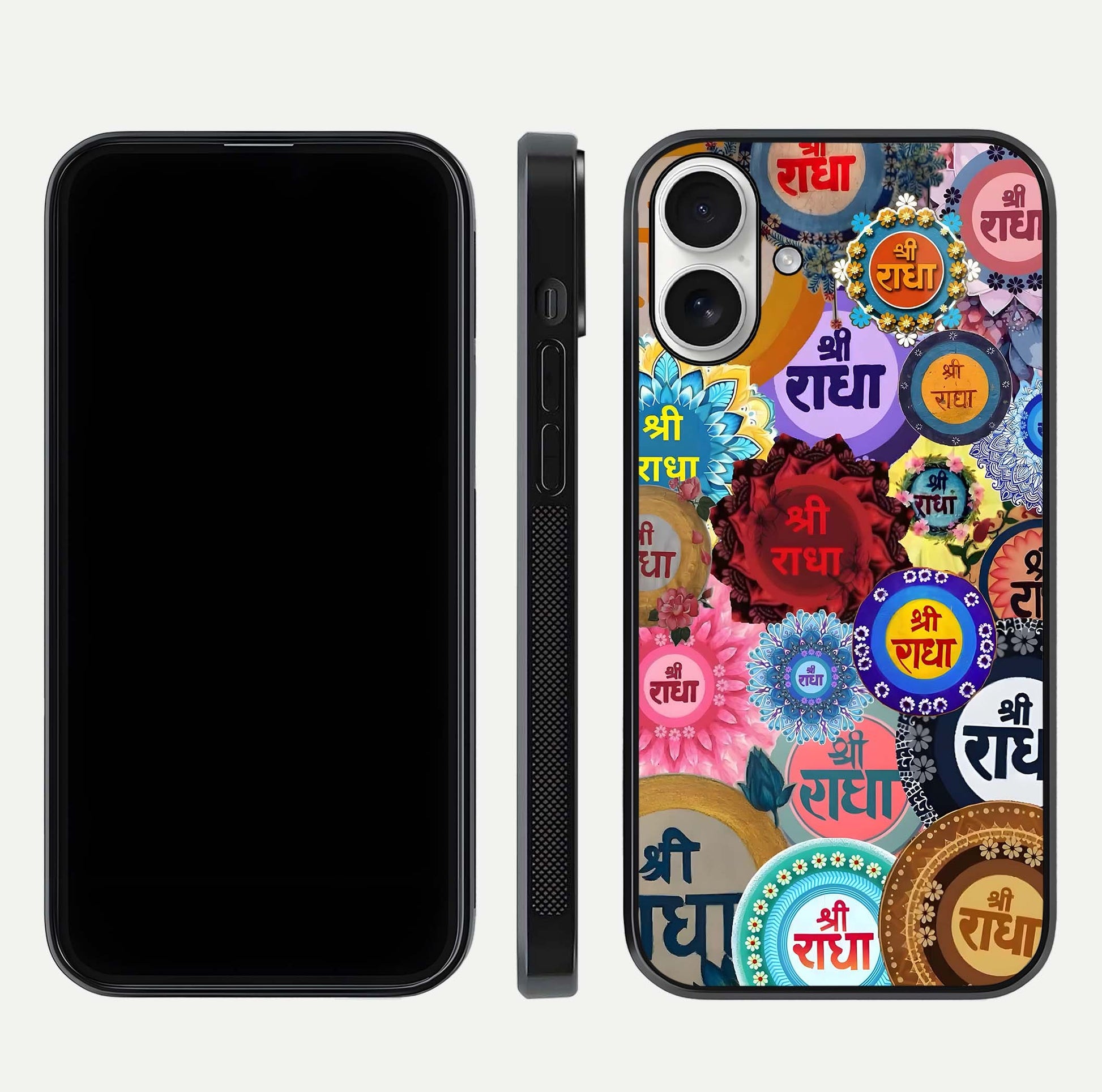 Radha Divine Bloom Glass Case for iPhone 17 front & back layout showing spiritual tones and elegant edges