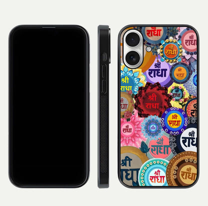 Radha Divine Bloom Glass Case for iPhone 17 front & back layout showing spiritual tones and elegant edges