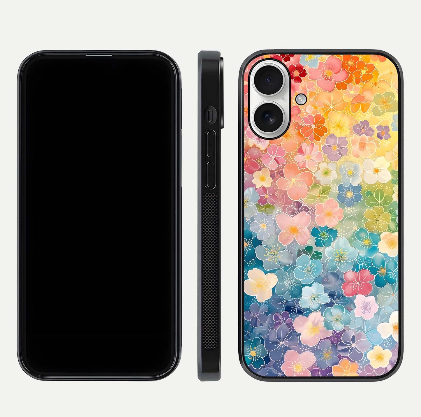 Rainbow Blossom Burst Glass Case for iPhone 17 front & back layout showing bright tones and edge finish