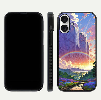 Rainbow Valley Dream Glass Case for iPhone 17 front & back layout showing smooth color blend and curved edge