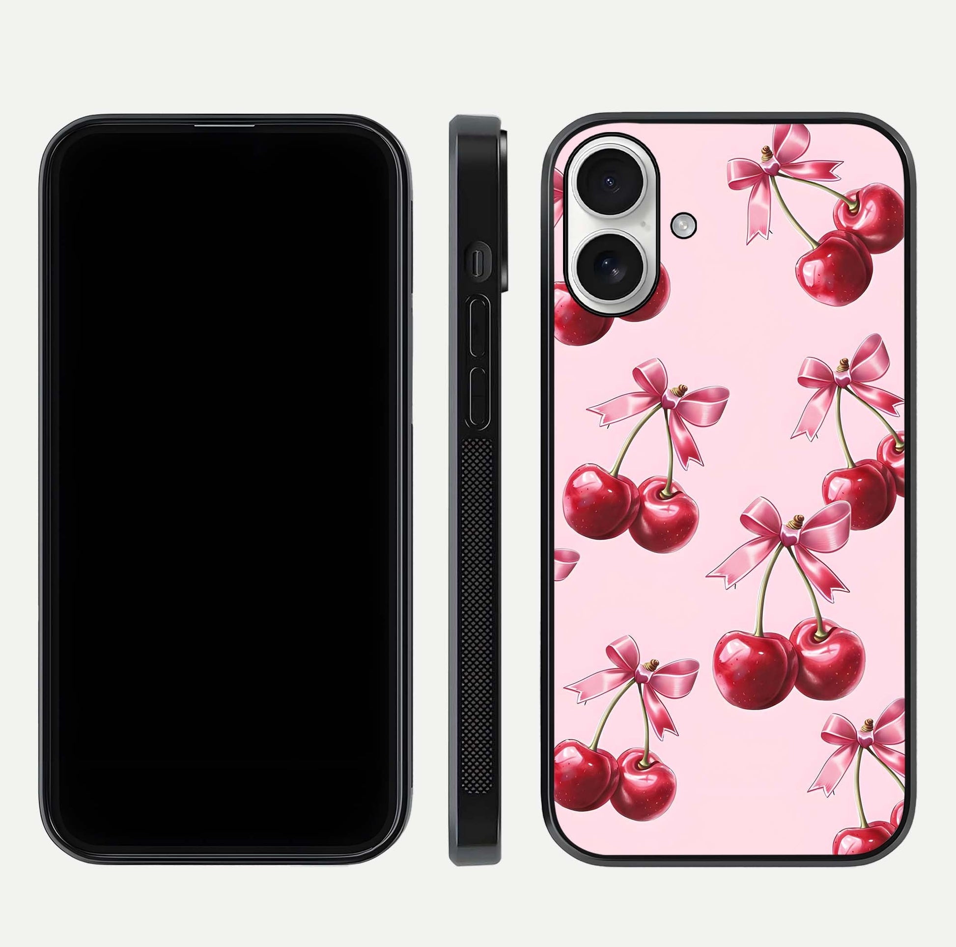 Red Cherries Pattern Glass Case for iPhone 17 front & back layout highlighting vibrant fruit print and edges