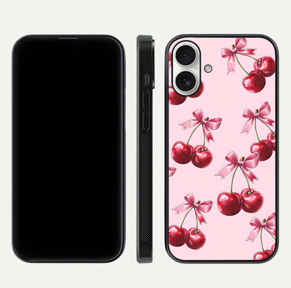 Red Cherries Pattern Glass Case for iPhone 17 front & back layout highlighting vibrant fruit print and edges