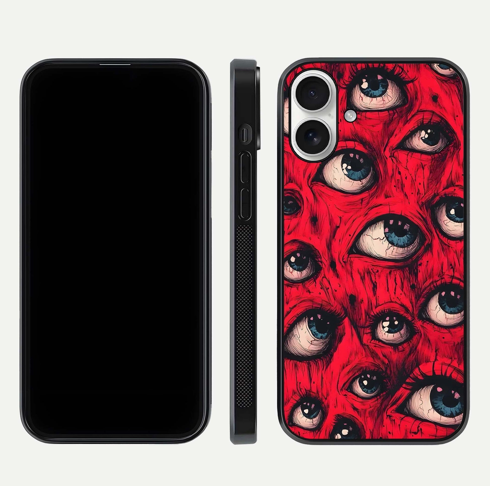 Red Eyes Pattern Glass Case for iPhone 17 front & back layout showing sharp edge finish and design depth