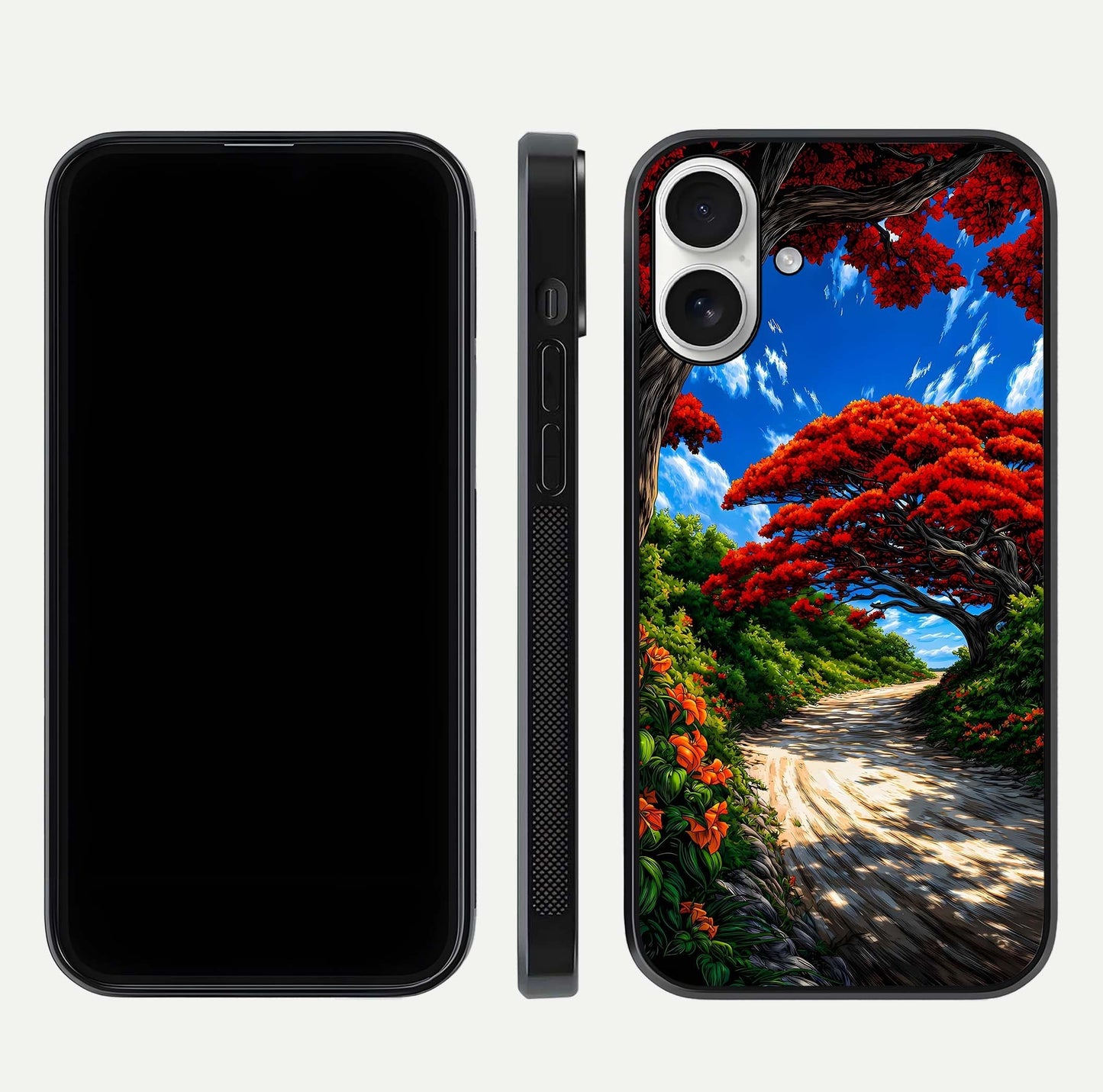 Red Trees Pathway Glass Case for iPhone 17 front & back layout showing scenic tone blend and edges