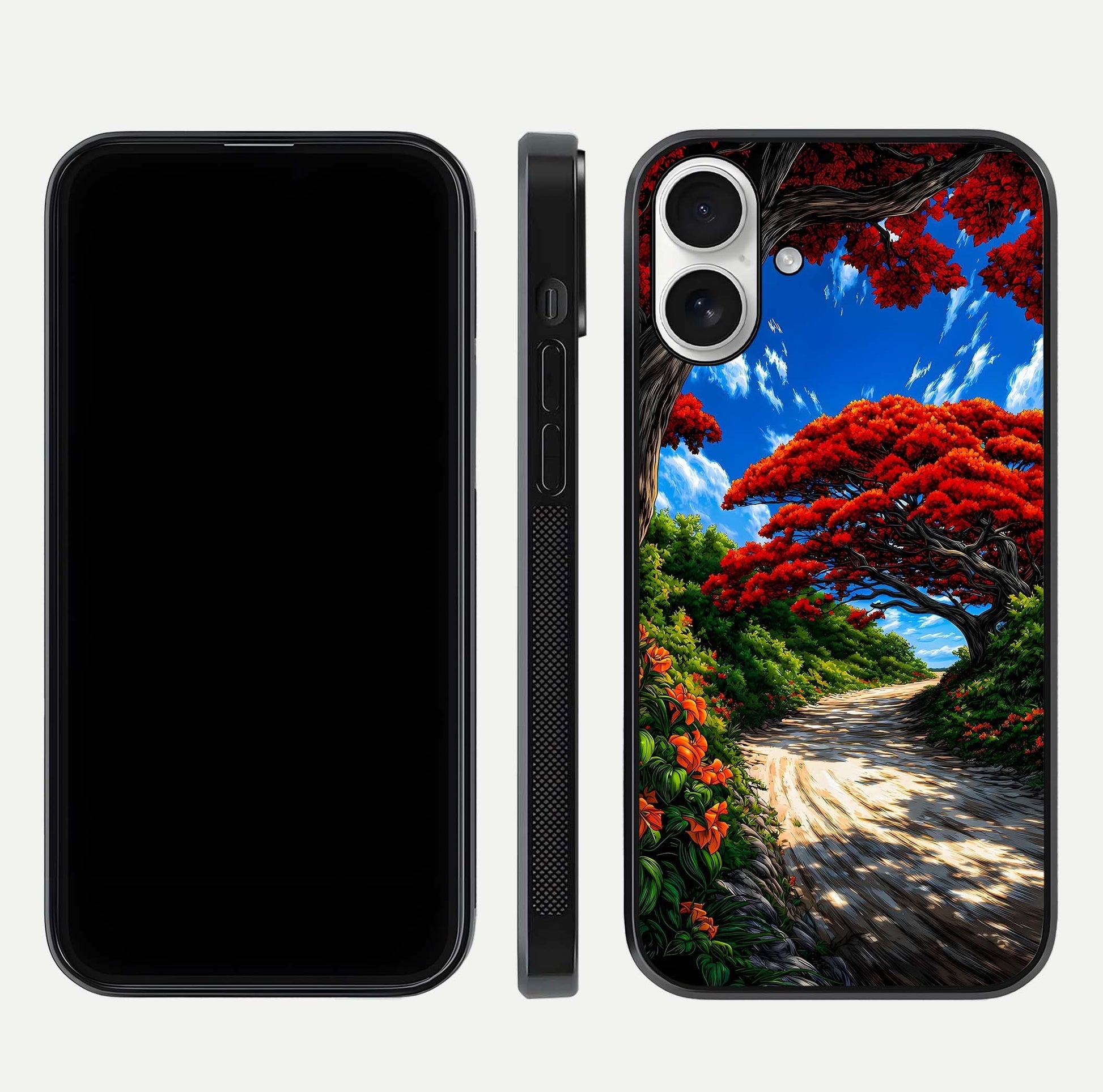 Red Trees Pathway Glass Case for iPhone 17 front & back layout showing scenic tone blend and edges