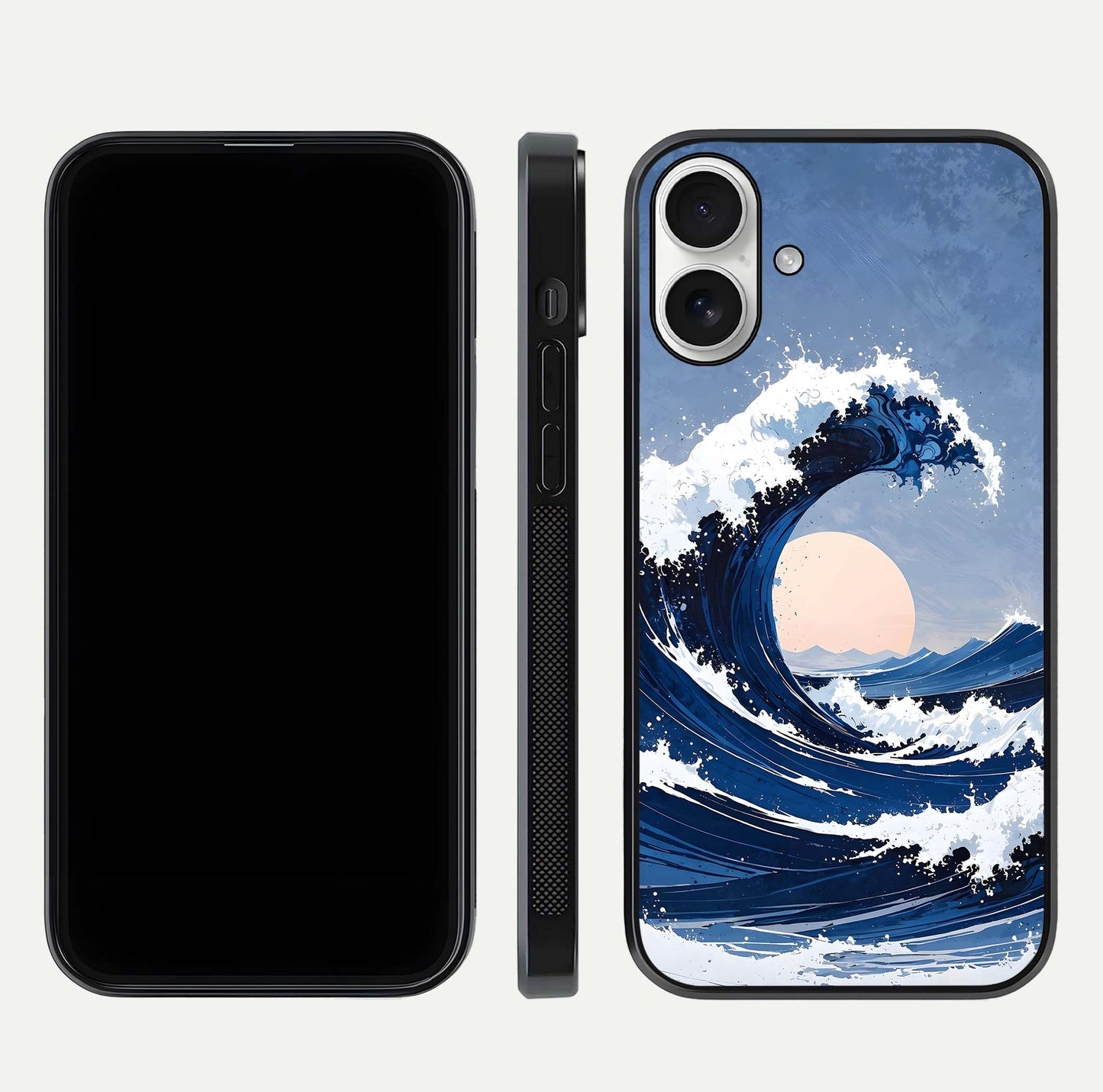 Rising Tide Power Glass Case for iPhone 17 front & back layout showing ocean design and smooth glass edge