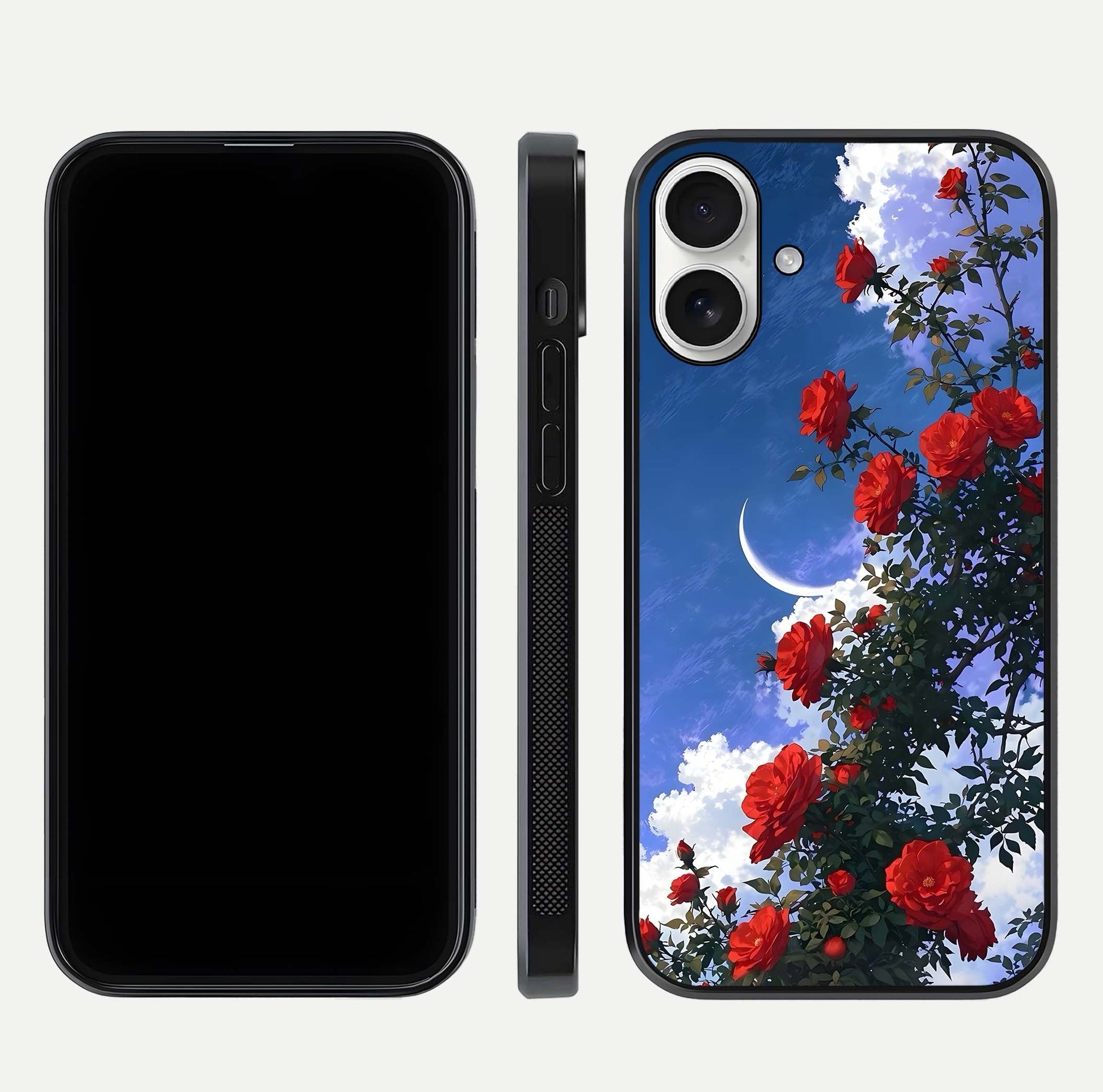 Rose Drift Flowers Glass Case for iPhone 17 front & back layout showing rose gradient tones and edges