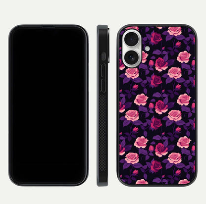 Rose Garden Twilight Glass Case for iPhone 17 front & back layout showing rich twilight tones and edges