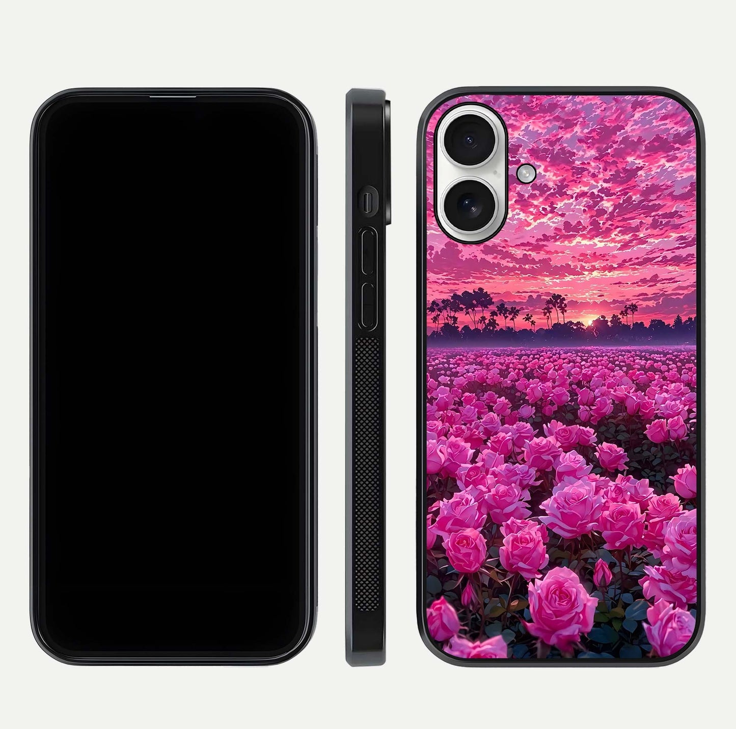 Rose Sunset Valley Glass Case for iPhone 17 front & back layout highlighting gradient tones and glass shine