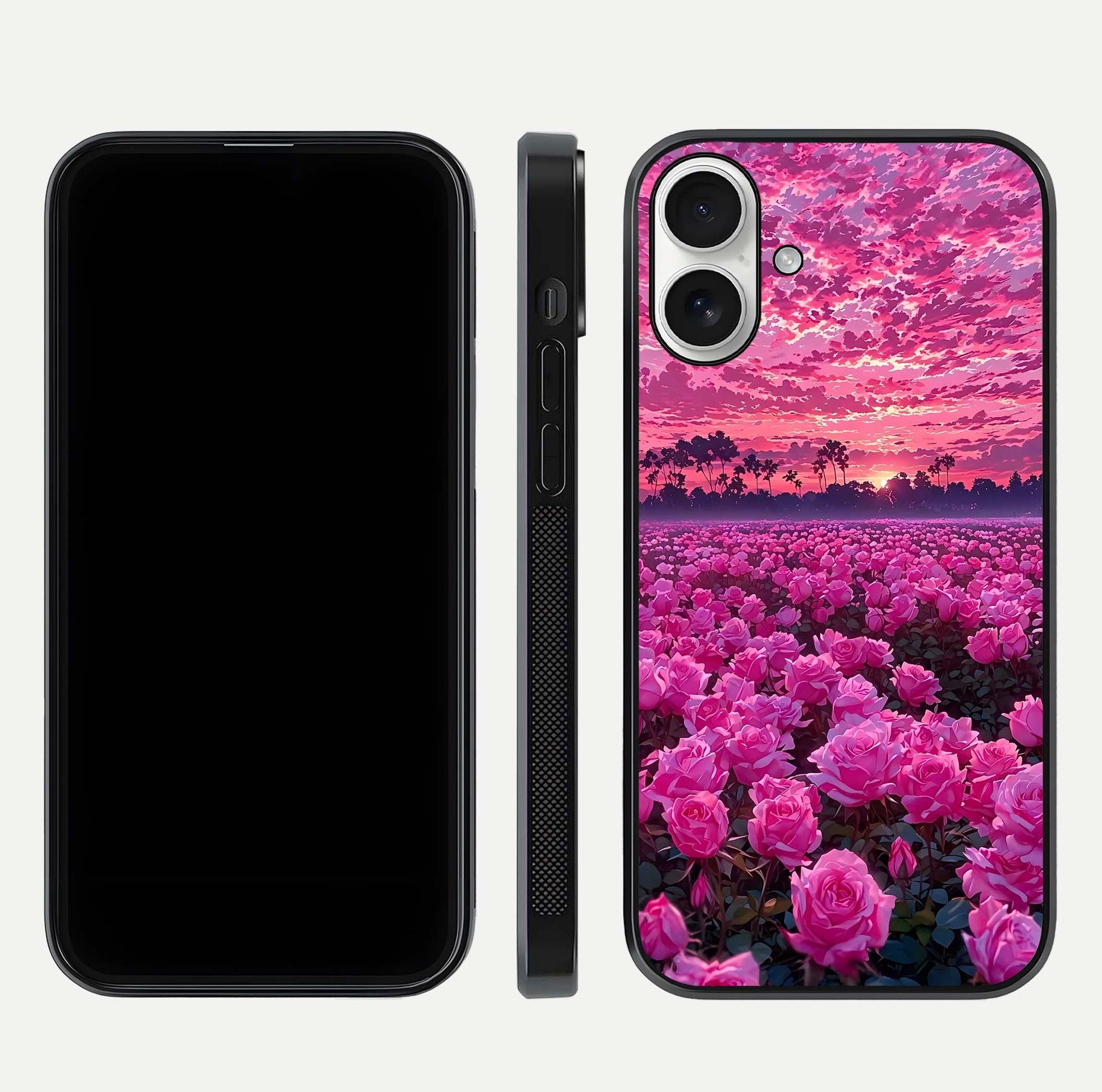 Rose Sunset Valley Glass Case for iPhone 17 front & back layout highlighting gradient tones and glass shine