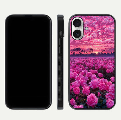 Rose Sunset Valley Glass Case for iPhone 17 front & back layout highlighting gradient tones and glass shine