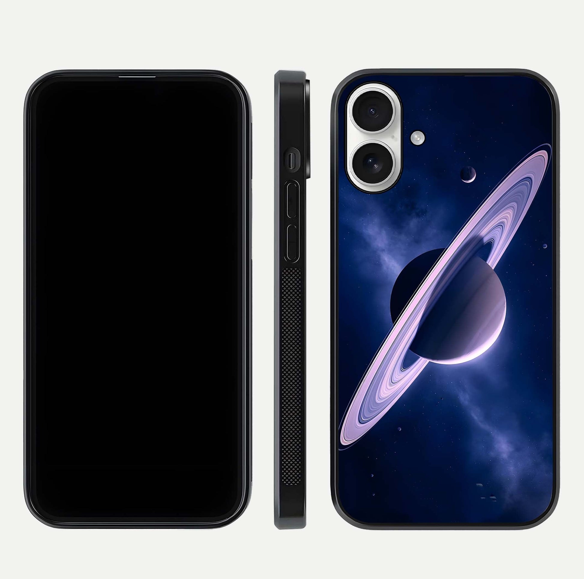 Saturn Ring Mystique Glass Case for iPhone 17 front & back layout showing cosmic tones and edge glow