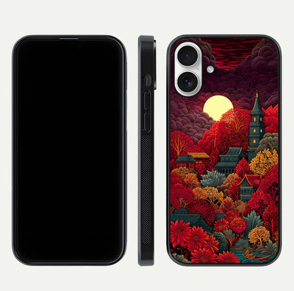 Scarlet Autumn Temple Glass Case for iPhone 17 front & back layout showing scenic tones and curved edges