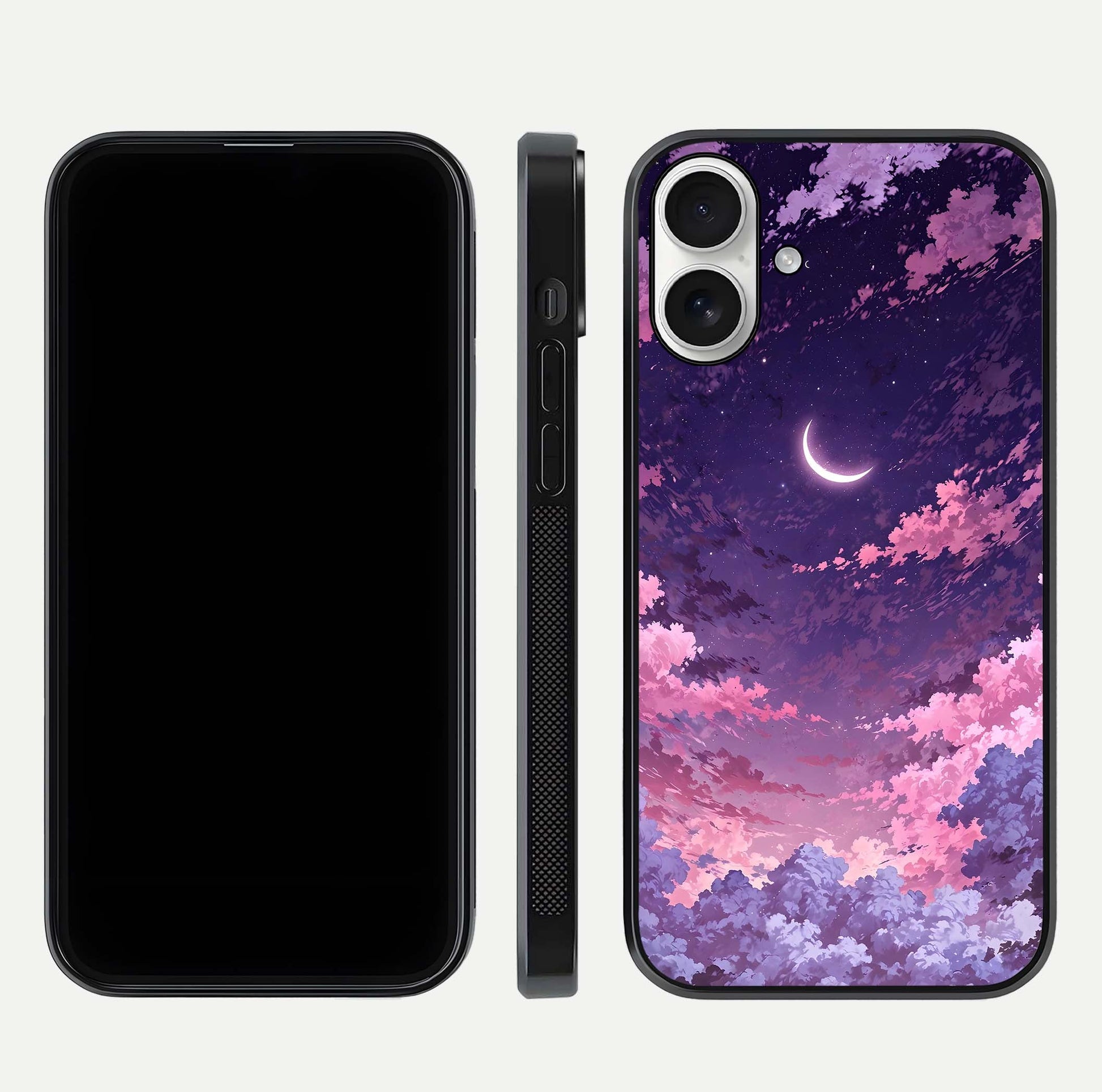 Sky Drift Clouds Glass Case for iPhone 17 front & back layout showing sky tones and smooth edge design
