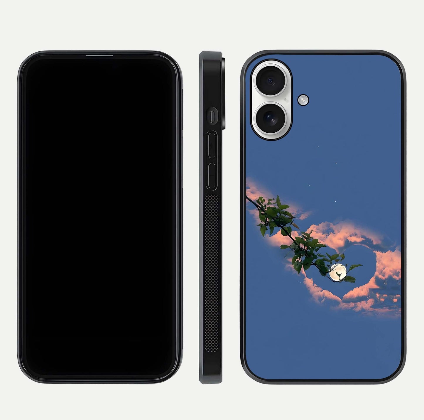 Sky Under Tree Glass Case for iPhone 17 front & back layout showing sky tones and curved glass edge