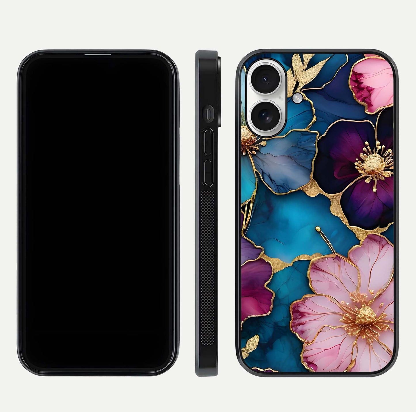 Sparkle Floral Glass Case for iPhone 17 front & back layout showing floral print and edge clarity
