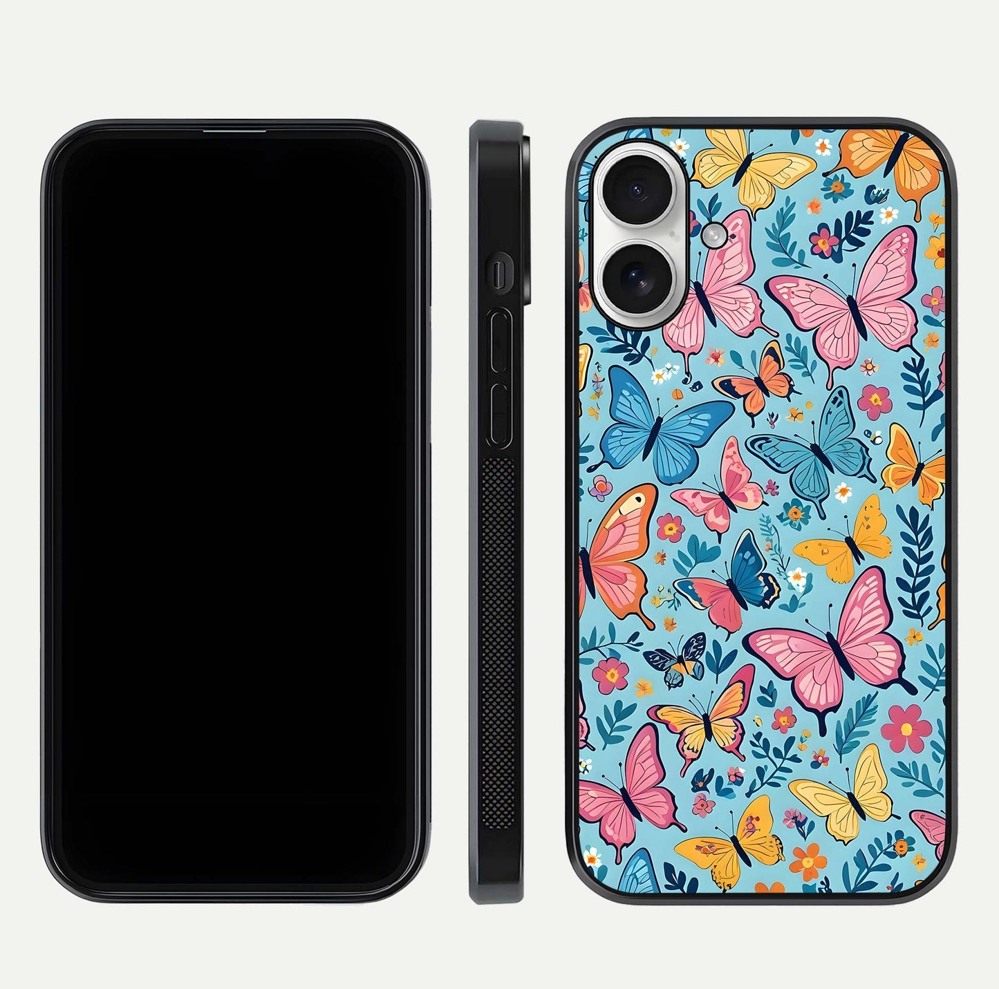 Spring Wing Garden Glass Case for iPhone 17 front & back layout showing soft tones and elegant glass design