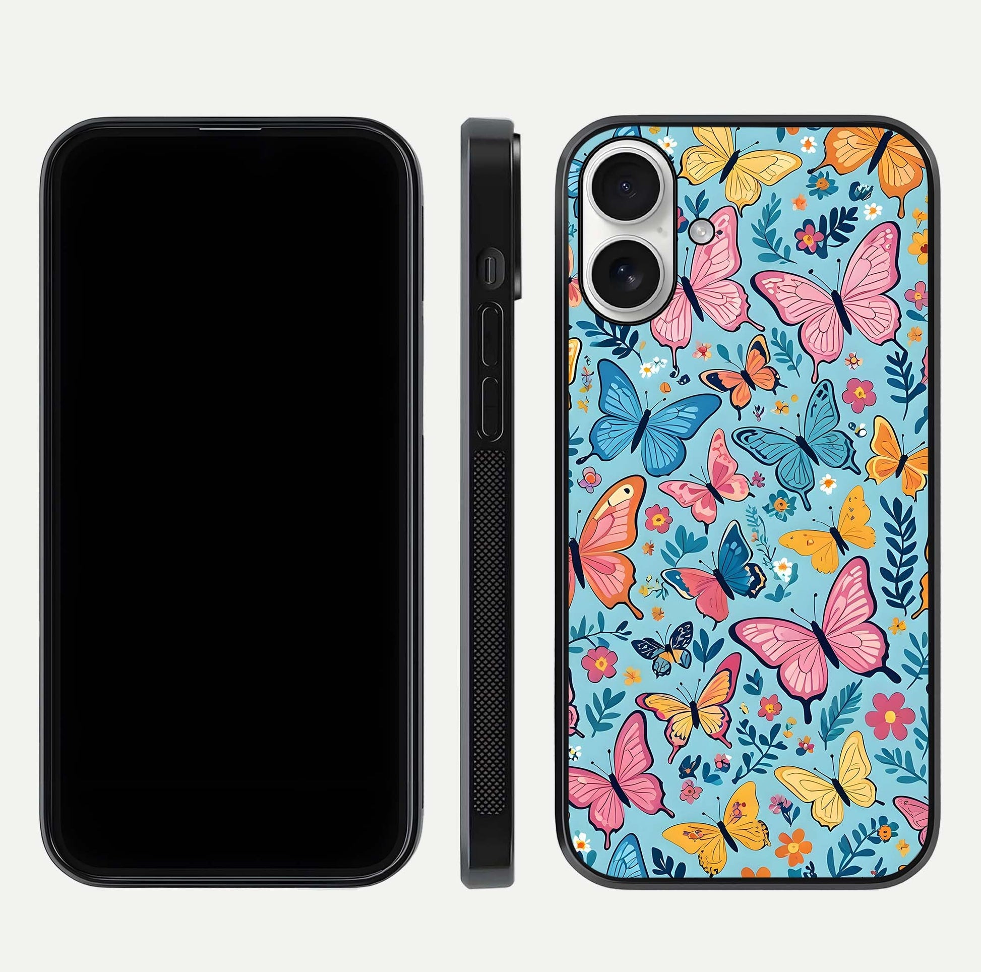 Spring Wing Garden Glass Case for iPhone 17 front & back layout showing soft tones and elegant glass design