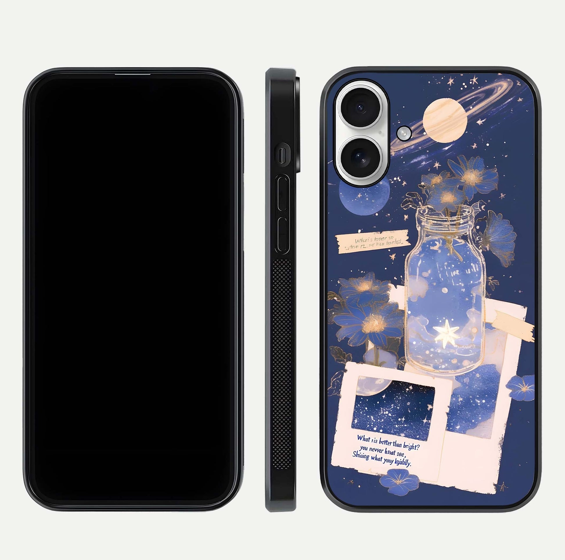 Starlit Cosmic Jar Glass Case for iPhone 17 front & back layout showing cosmic pattern and curved glass edge