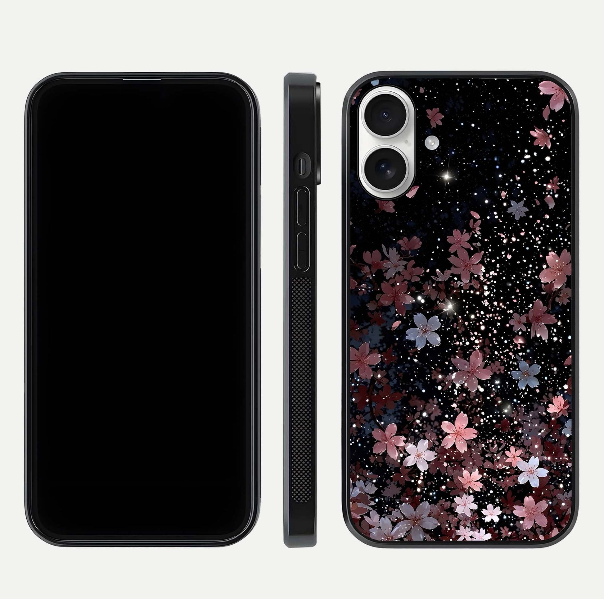 Starlit Flower Dreams Glass Case for iPhone 17 front & back layout showing soft bloom design and curved edge
