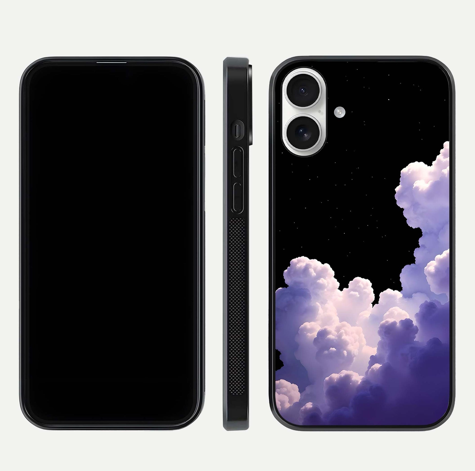 Starlit Night Whispers Glass Case for iPhone 17 front & back layout showing moon tones and curved edges