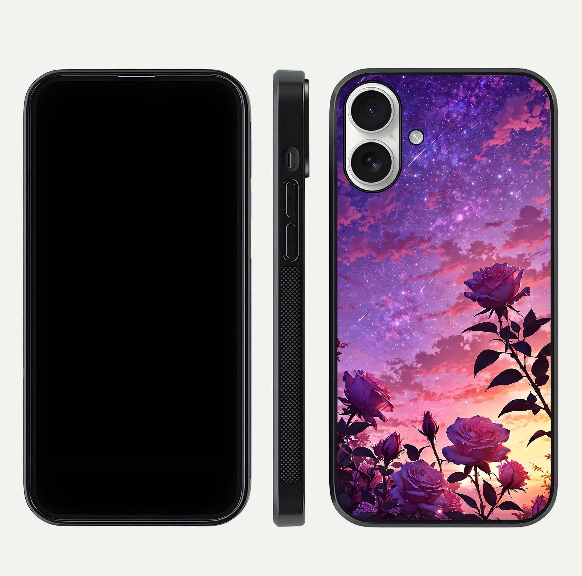 Starlit Rose Twilight Glass Case for iPhone 17 front & back layout showing floral blend and glossy edge