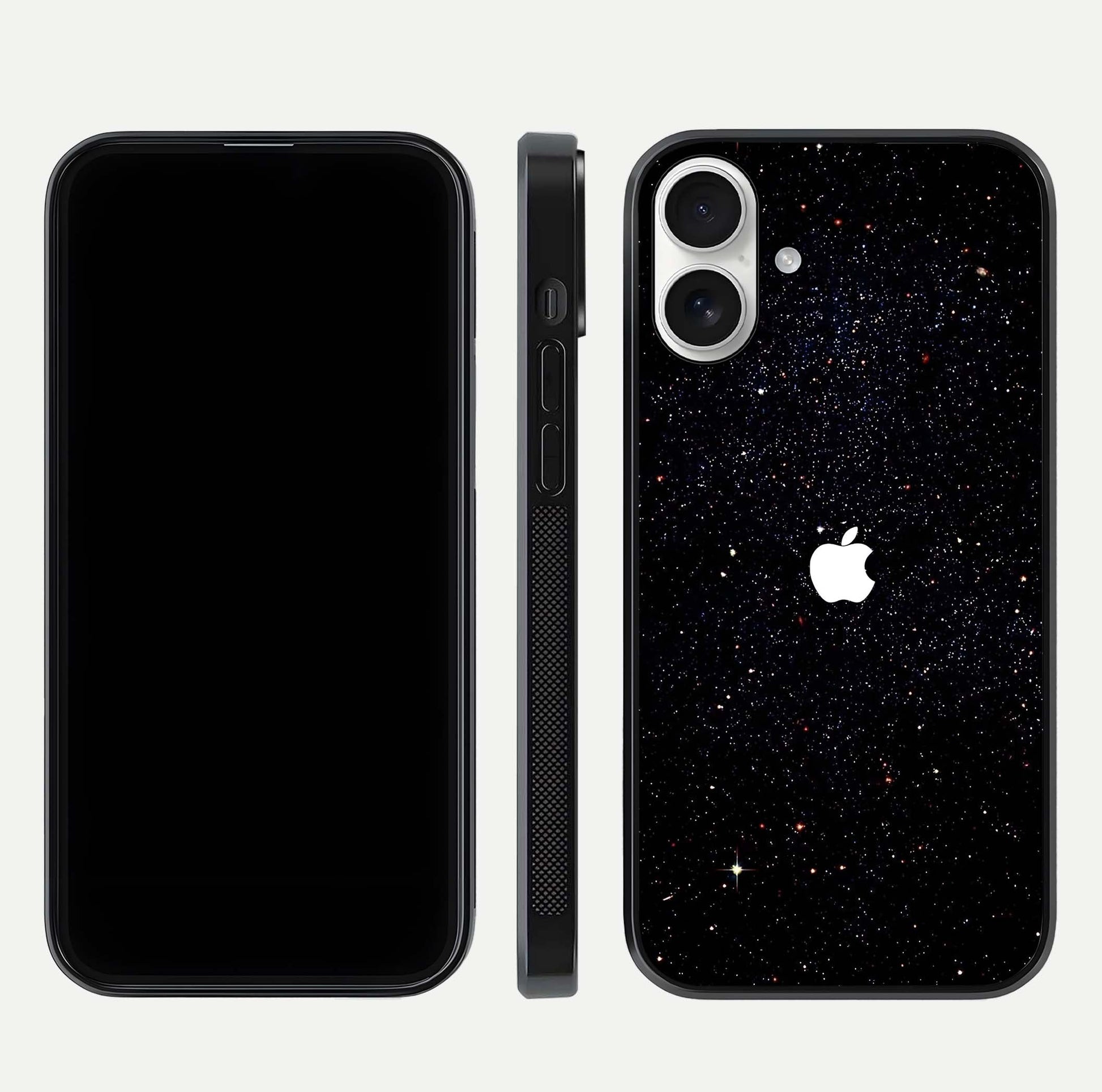 Starry Apple Galaxy Glass Case for iPhone 17 front & back layout showing cosmic tones and sleek edge
