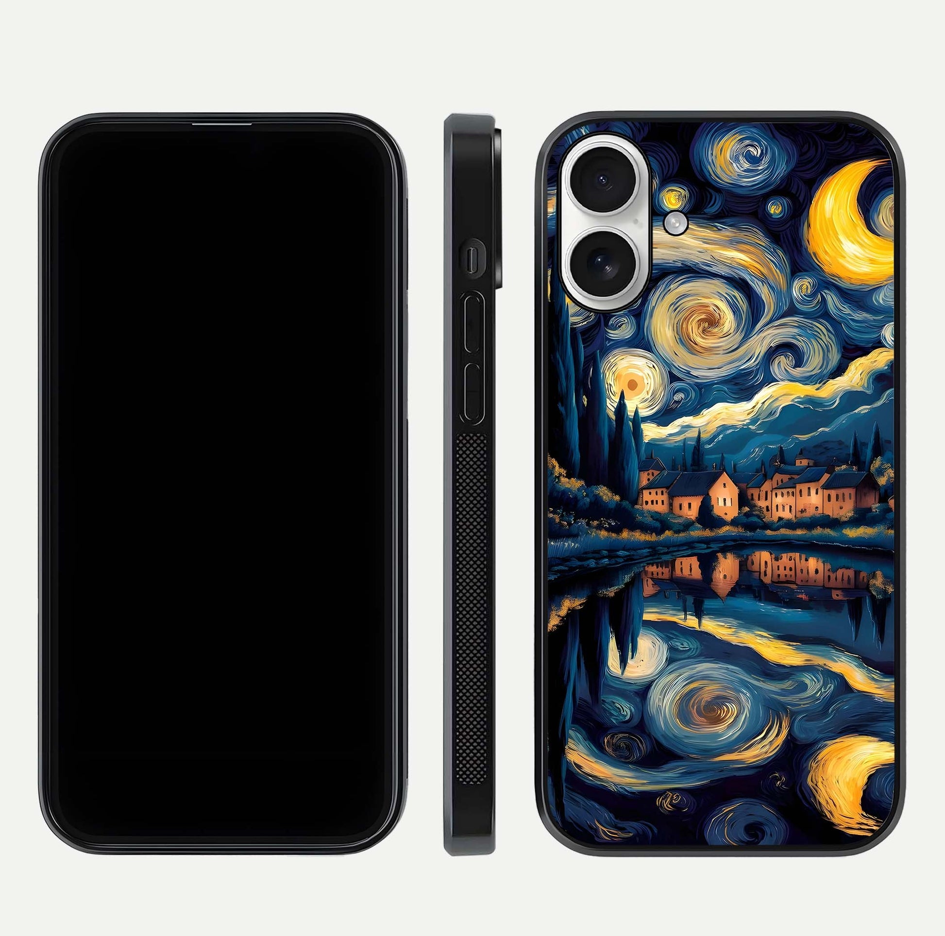 Starry Sky Serenity Glass Case for iPhone 17 front & back layout showing stars and curved glass edges