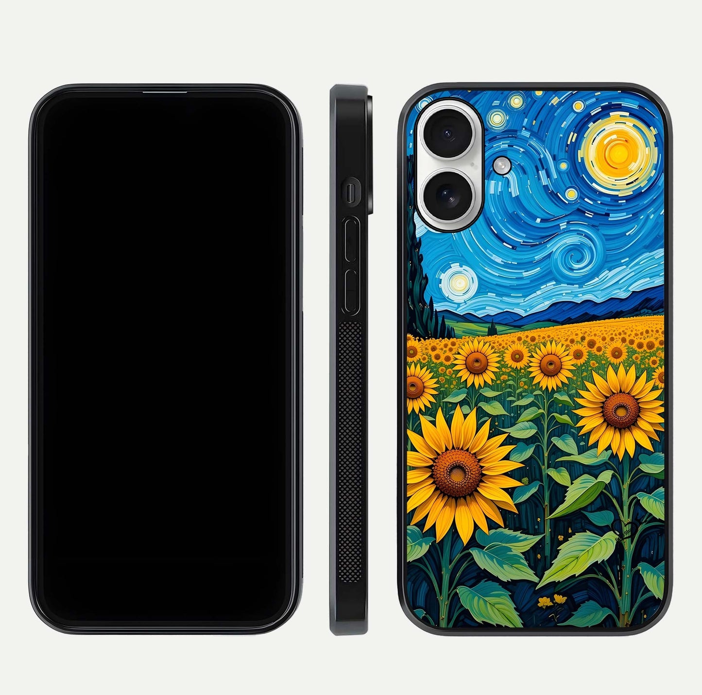 Starry Sunflower Dreams Glass Case for iPhone 17 front & back layout showing floral blend and edge detail