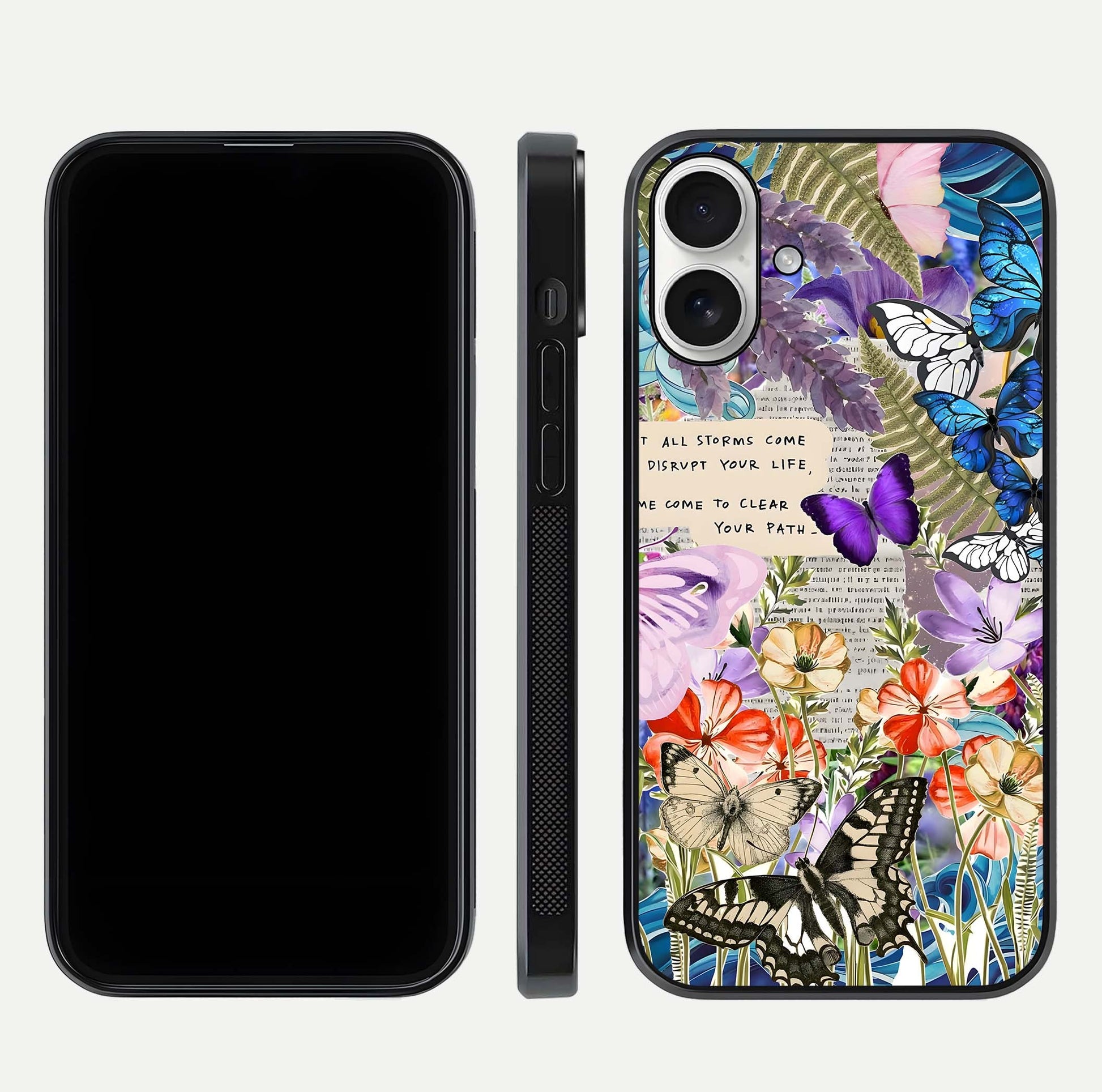 Storm Path Bloom Glass Case for iPhone 17 front & back layout showing moody floral blend and edges