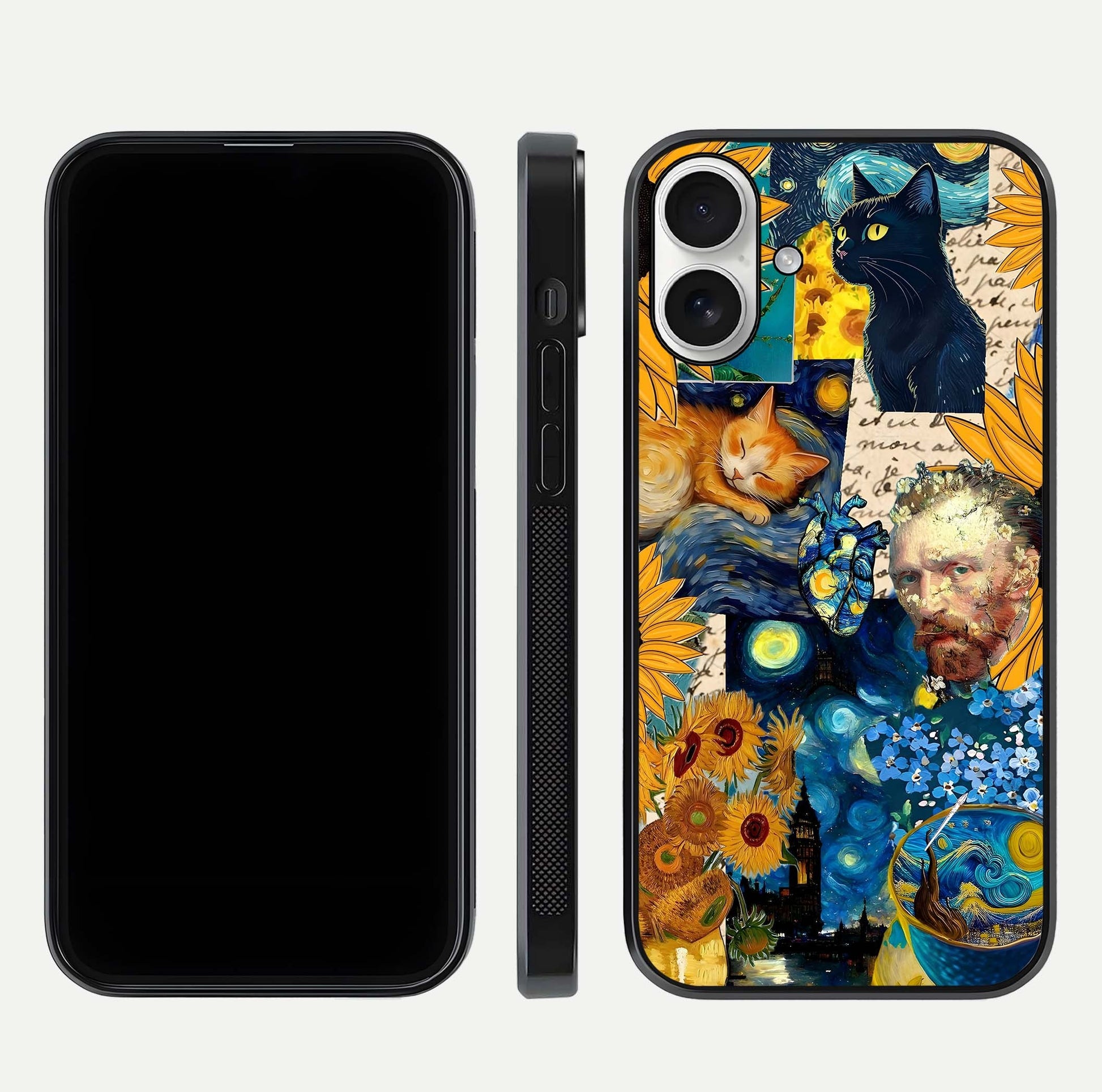 Sunflower Cat Art Glass Case for iPhone 17 front & back layout showing detailed floral cat design and edges