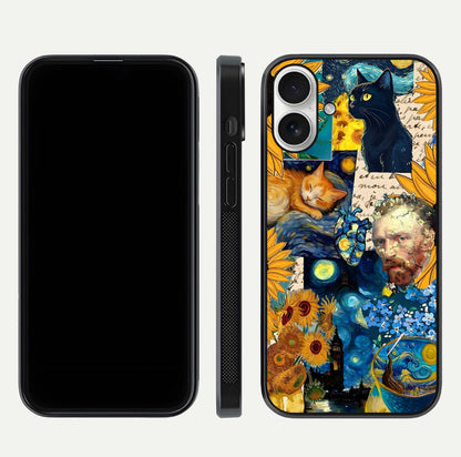 Sunflower Cat Art Glass Case for iPhone 17 front & back layout showing detailed floral cat design and edges