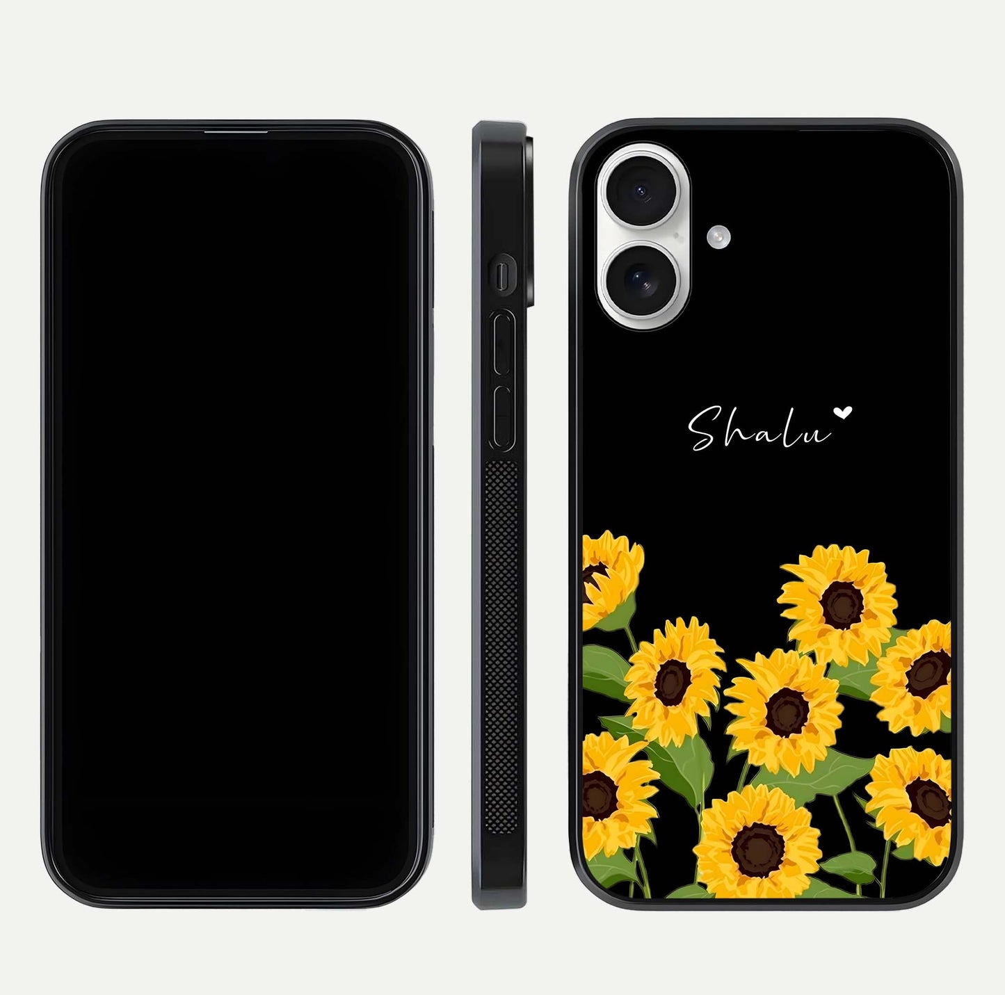 Sunflower Chic Mood Custom Name Glass Case for iPhone 17 front & back layout highlighting custom text zone and shine
