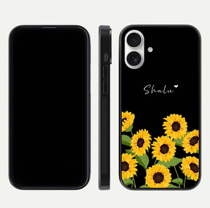 Sunflower Chic Mood Custom Name Glass Case for iPhone 17 front & back layout highlighting custom text zone and shine
